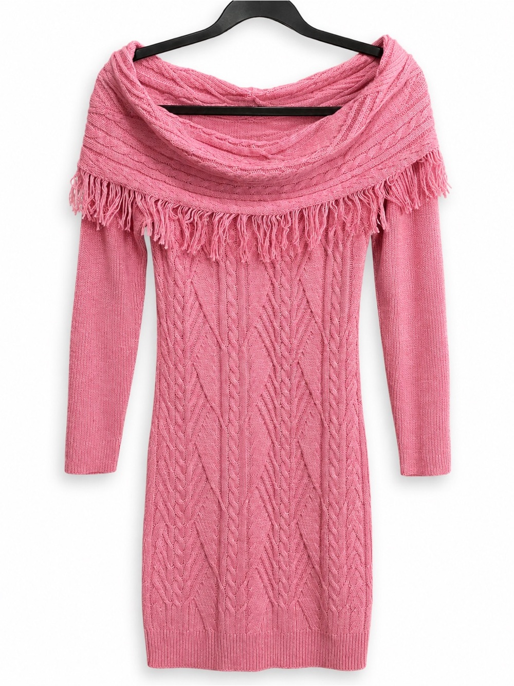 New York & Company Pink Off-the-Shoulder Cable Knit Sweater Dress with Fringe